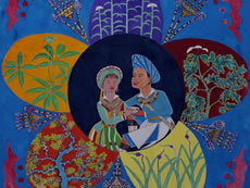 PCD supports ethnic minorities in Yunnan to express the idea of holistic health through paintings which were exhibited in an international Conference in 2013. This picture is from the race of Lisu, showing five types of herbs which can be blended to produce medicinal wine for the prevention of disease.